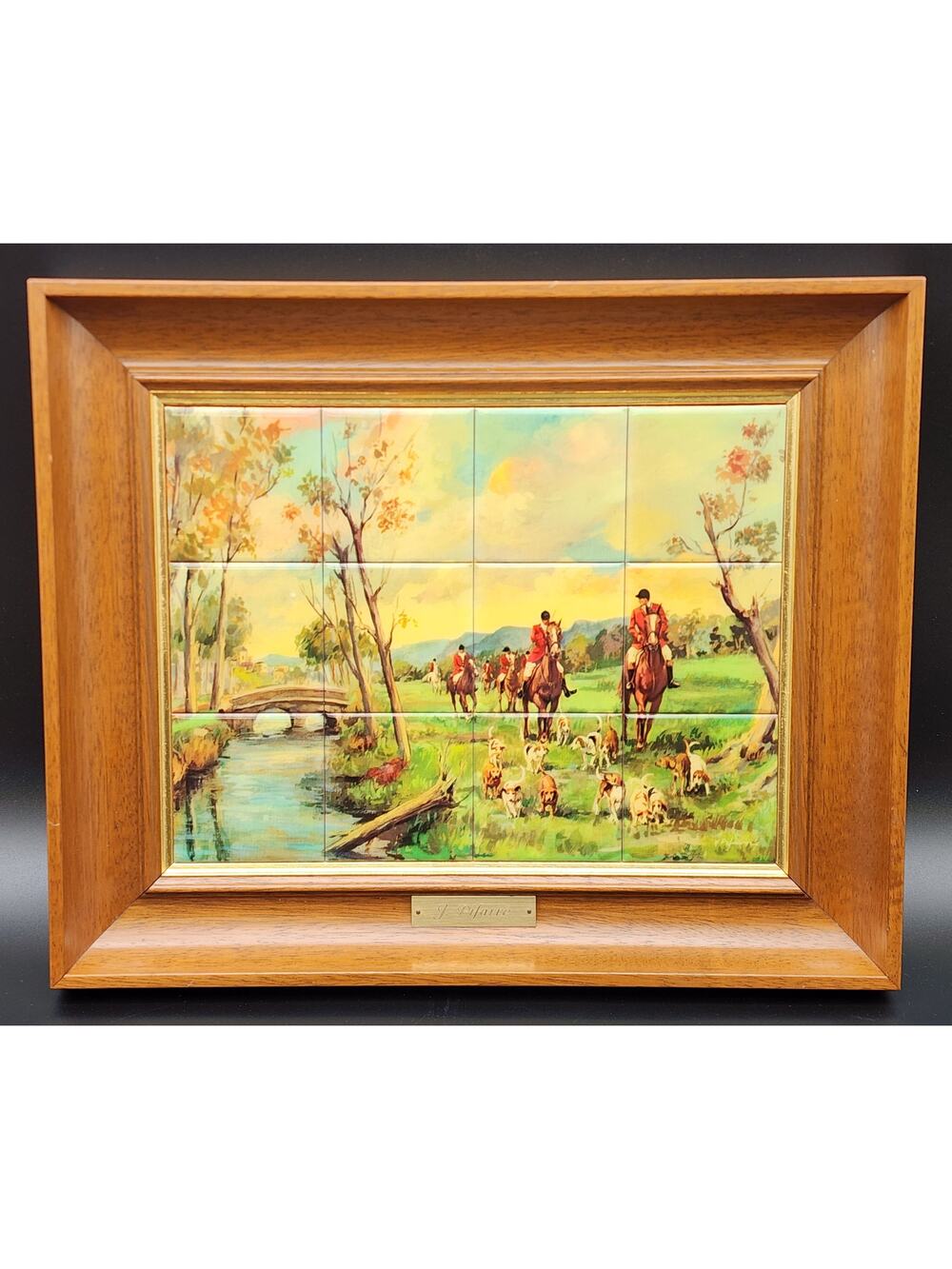 Vintage J. Pifarré “Hunt in the Park” 12‑Tile Mosaic in Wood Frame 14.25x11.75